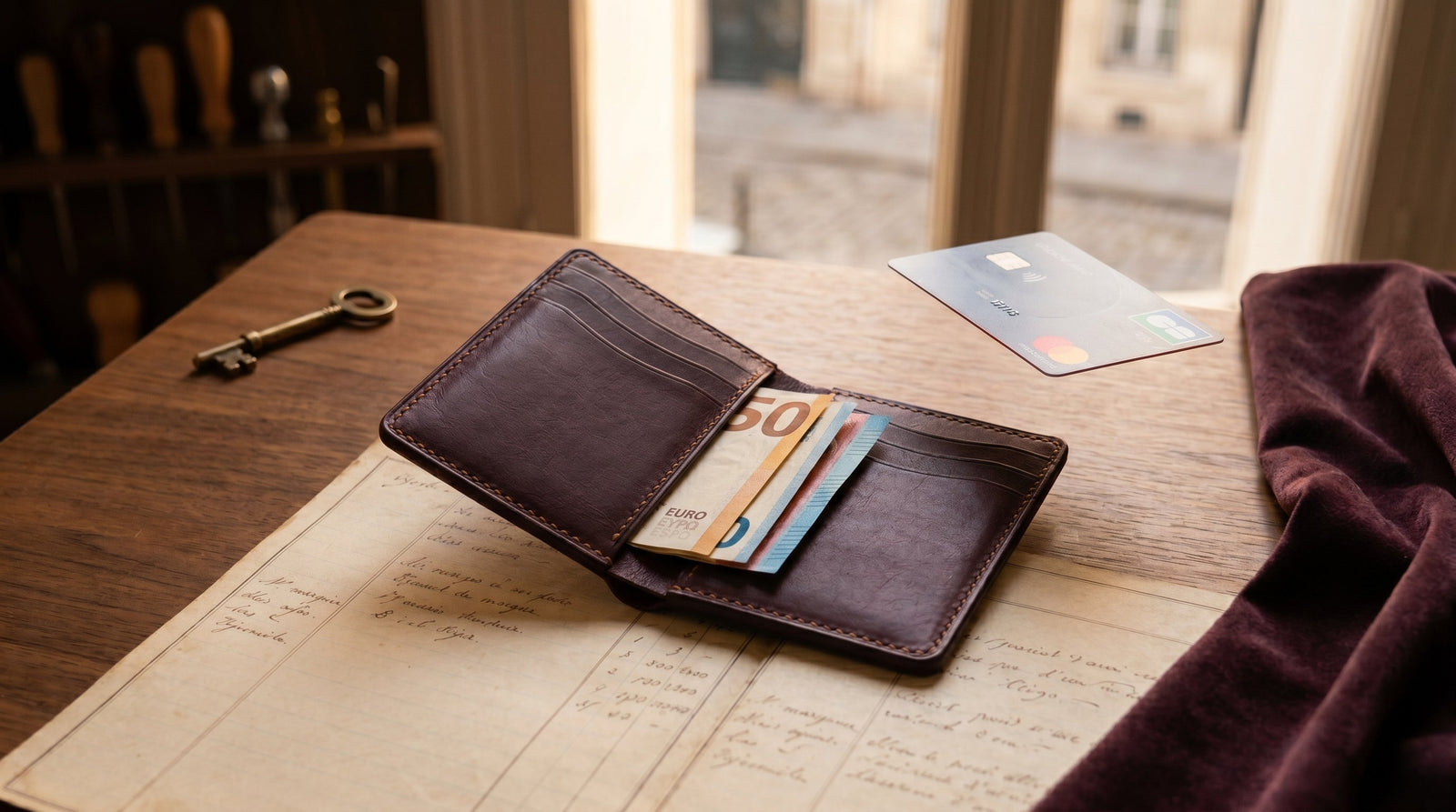 Modell N° 04 · Carte Plate · Aubergine, ein schmales Lederetui Ladraft Paris auf der Werkbank im Pariser Saint-Sulpice Atelier